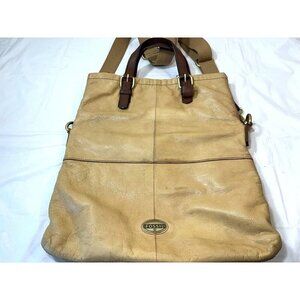 Fossil Explorer Leather Fold Over Crossbody Hobo Tote Shoulder Bag Tan
